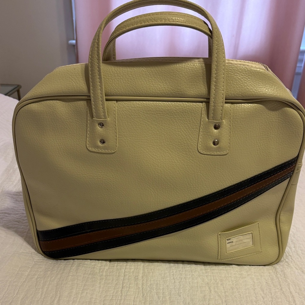 Vintage Leather Cream Travel Tote with Brown & Black Stripe by Savoy.